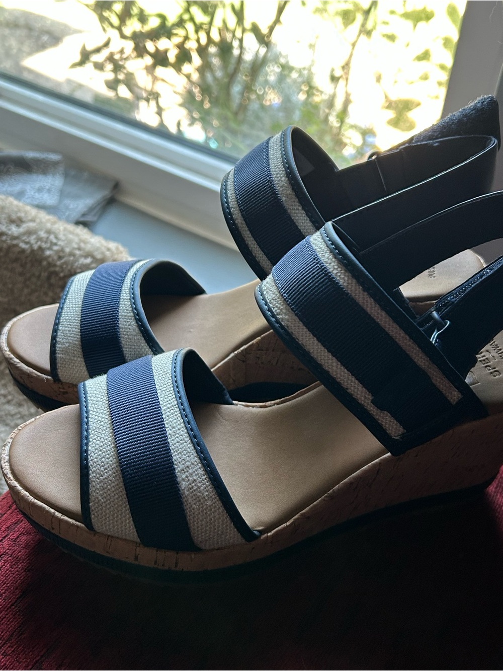 Sperry Navy and Cream Striped Wedge Sandals - Women